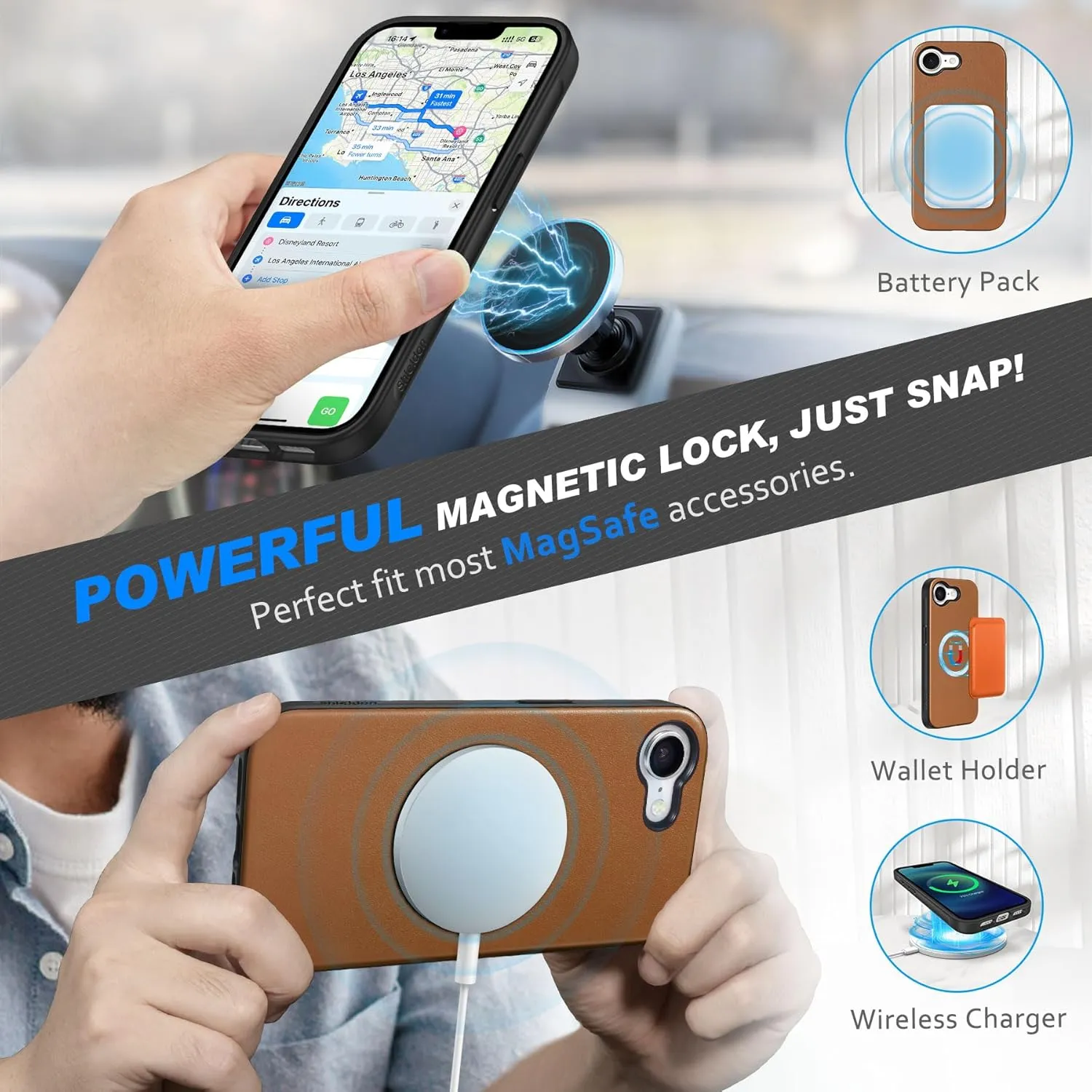 SHIELDON Wallet Case for iPhone 16e 2025 6.1", Genuine Leather Wireless Charging Detachable Magnetic RFID Blocking Credit Card Holder Kickstand Case Compatible with iPhone 16e - Nappa Saddle Brown