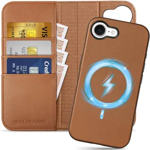 SHIELDON Wallet Case for iPhone 16e 2025 6.1", Genuine Leather Wireless Charging Detachable Magnetic RFID Blocking Credit Card Holder Kickstand Case Compatible with iPhone 16e - Nappa Saddle Brown