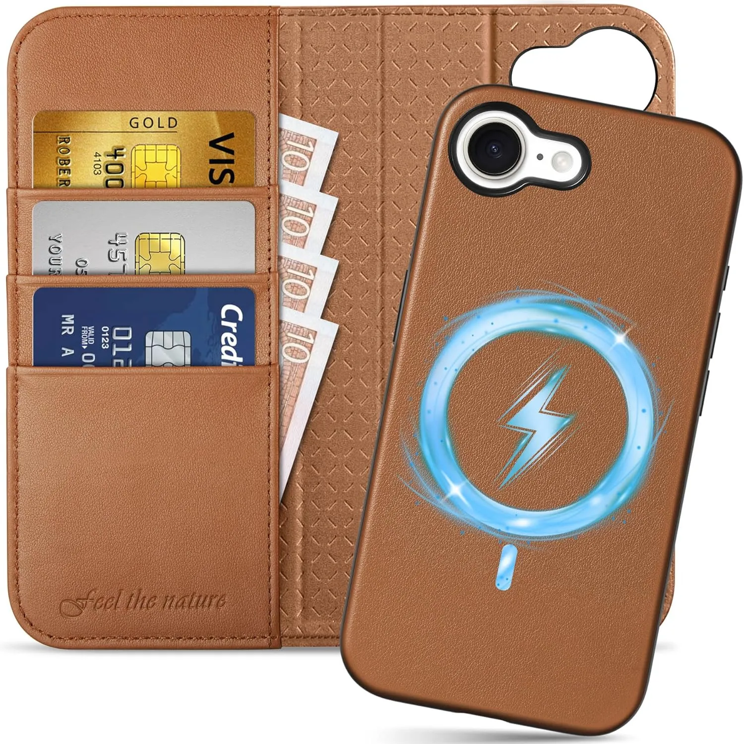SHIELDON Wallet Case for iPhone 16e 2025 6.1", Genuine Leather Wireless Charging Detachable Magnetic RFID Blocking Credit Card Holder Kickstand Case Compatible with iPhone 16e - Nappa Saddle Brown