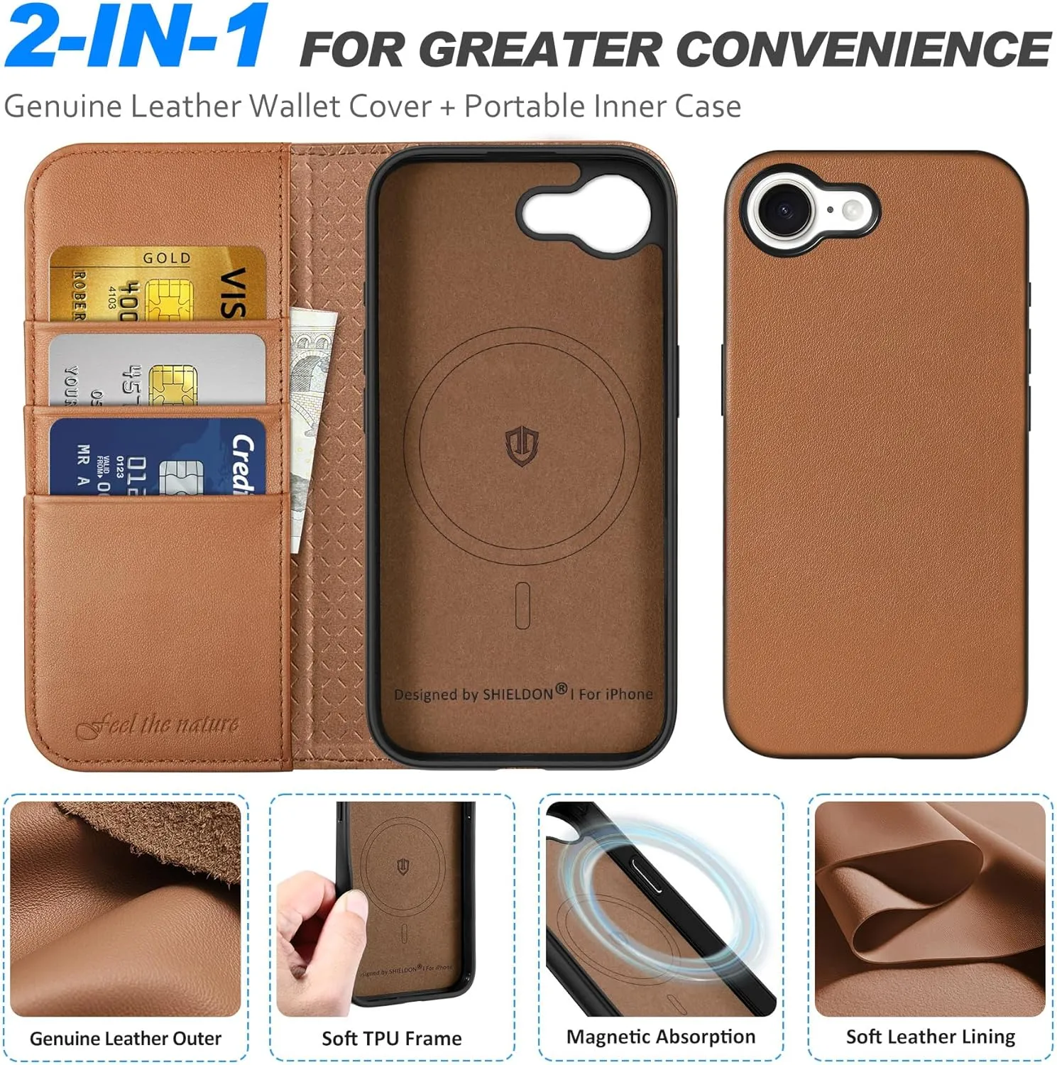 SHIELDON Wallet Case for iPhone 16e 2025 6.1", Genuine Leather Wireless Charging Detachable Magnetic RFID Blocking Credit Card Holder Kickstand Case Compatible with iPhone 16e - Nappa Saddle Brown
