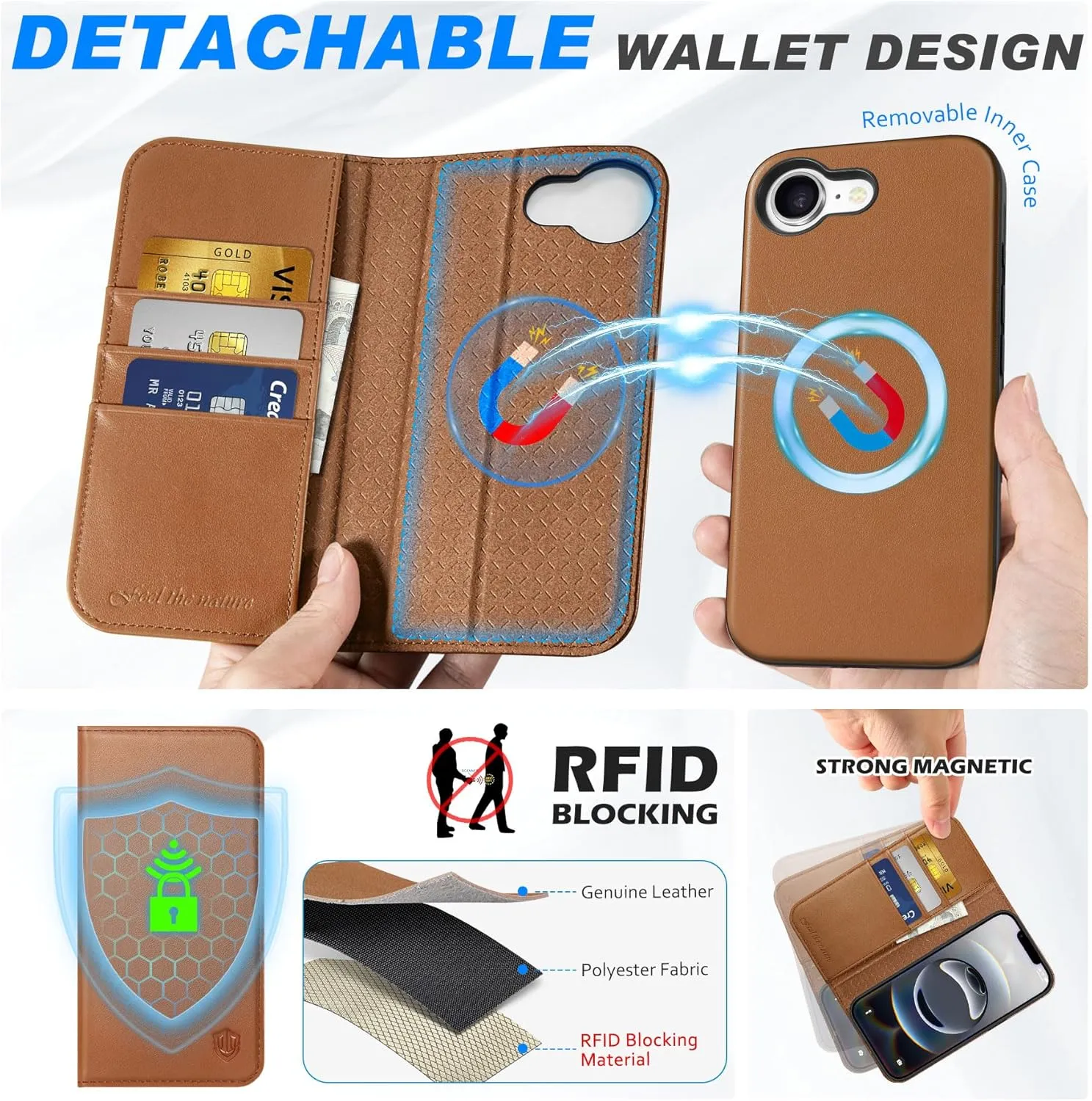 SHIELDON Wallet Case for iPhone 16e 2025 6.1", Genuine Leather Wireless Charging Detachable Magnetic RFID Blocking Credit Card Holder Kickstand Case Compatible with iPhone 16e - Nappa Saddle Brown