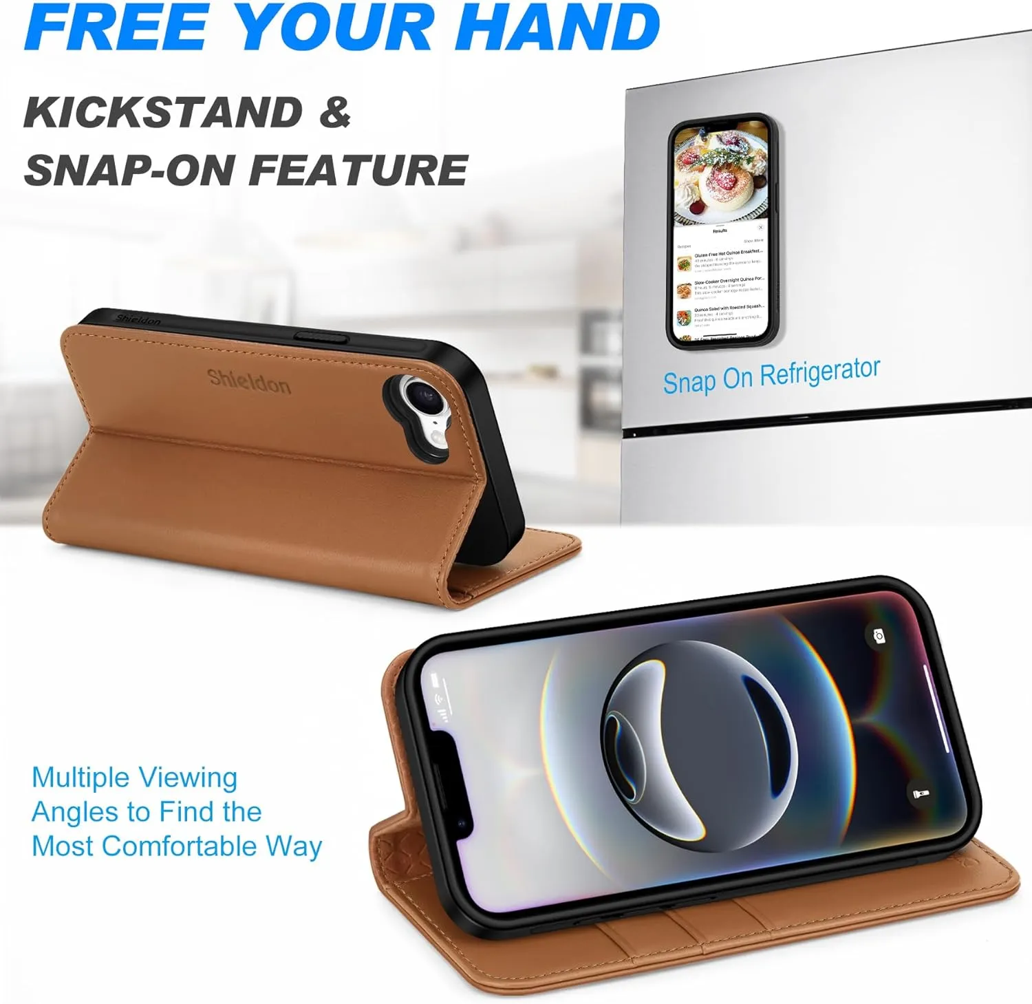 SHIELDON Wallet Case for iPhone 16e 2025 6.1", Genuine Leather Wireless Charging Detachable Magnetic RFID Blocking Credit Card Holder Kickstand Case Compatible with iPhone 16e - Nappa Saddle Brown