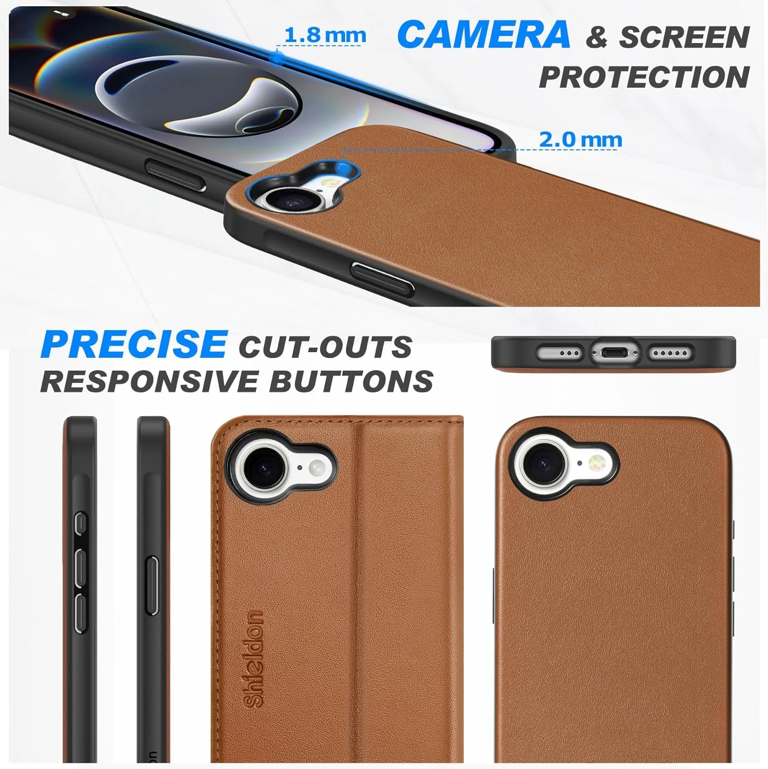 SHIELDON Wallet Case for iPhone 16e 2025 6.1", Genuine Leather Wireless Charging Detachable Magnetic RFID Blocking Credit Card Holder Kickstand Case Compatible with iPhone 16e - Nappa Saddle Brown