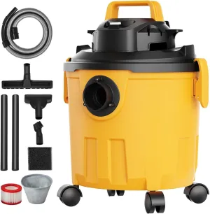 Shop Vacuum Wet and Dry, 5 Gallon 6 Peak HP Wet/Dry Vac, Rolling Wet and Dry Shop Vacuum with Attachments 2-in-1 Crevice Nozzle, for Cleaning Floor, Upholstery, Gap, Car, Yellow