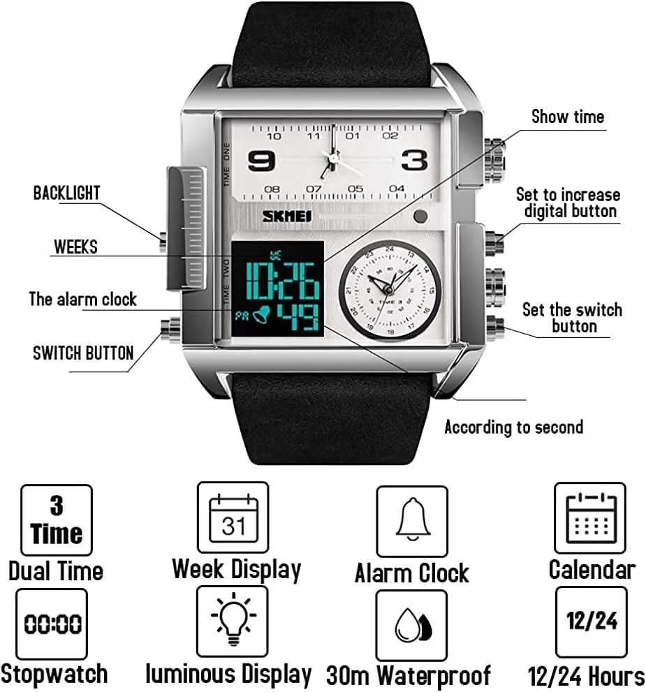 SKMEI Watches for Men, Square Men's Wrist Watches, LED Backlight Large Screen Multi-Time Zone Men's Watch, Waterproof Analog Men's Digital Sports Watch