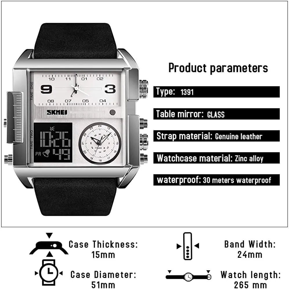 SKMEI Watches for Men, Square Men's Wrist Watches, LED Backlight Large Screen Multi-Time Zone Men's Watch, Waterproof Analog Men's Digital Sports Watch