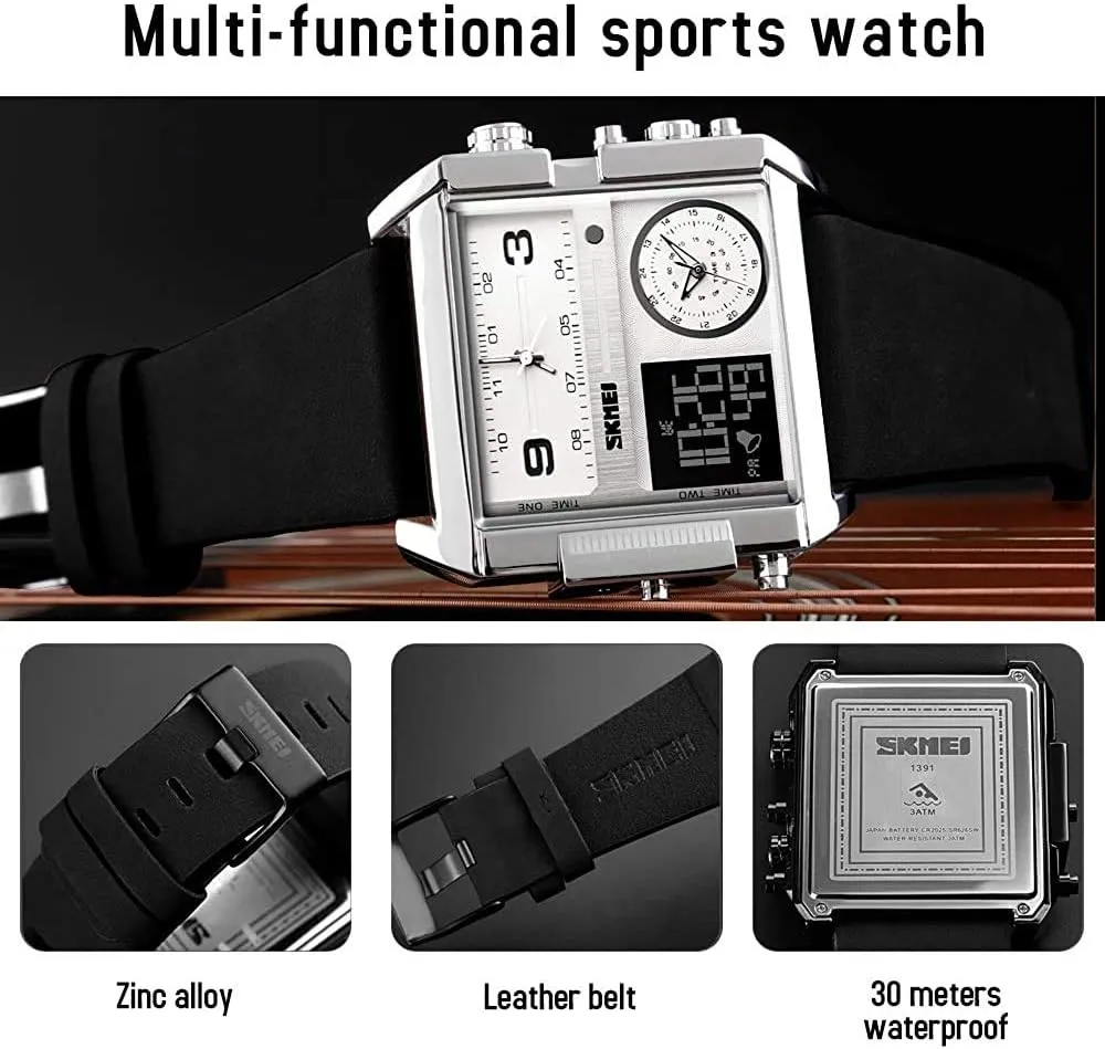 SKMEI Watches for Men, Square Men's Wrist Watches, LED Backlight Large Screen Multi-Time Zone Men's Watch, Waterproof Analog Men's Digital Sports Watch