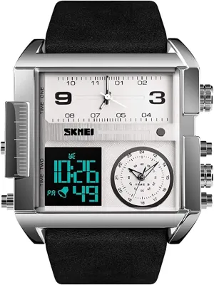 SKMEI Watches for Men, Square Men's Wrist Watches, LED Backlight Large Screen Multi-Time Zone Men's Watch, Waterproof Analog Men's Digital Sports Watch