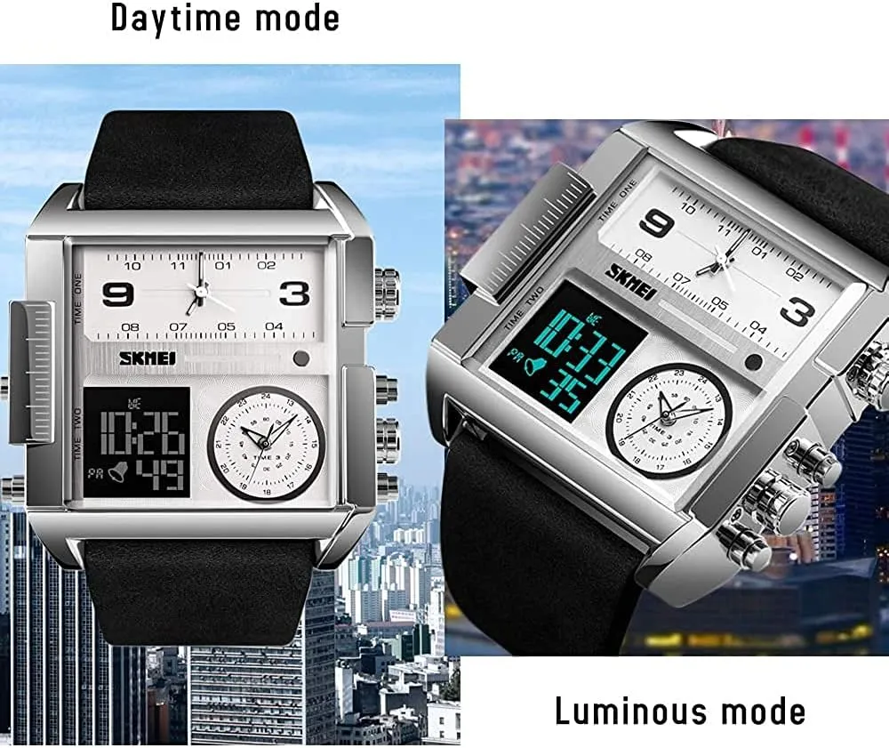 SKMEI Watches for Men, Square Men's Wrist Watches, LED Backlight Large Screen Multi-Time Zone Men's Watch, Waterproof Analog Men's Digital Sports Watch
