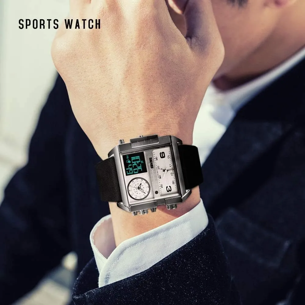 SKMEI Watches for Men, Square Men's Wrist Watches, LED Backlight Large Screen Multi-Time Zone Men's Watch, Waterproof Analog Men's Digital Sports Watch