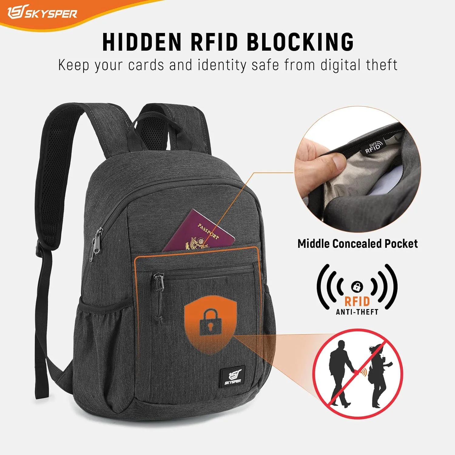 SKYSPER Anti Theft Hiking Backpack RFID Packable Travel Daypack Lightweight Foldable Back Pack for Walking Daytrip