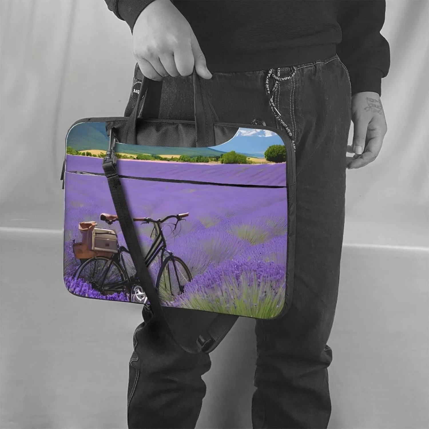Slim Laptop Case with Strap Laptop Tote Bag Computer Messenger Bag Travel Essentials - Lavender Field Retro Bike Agriculture