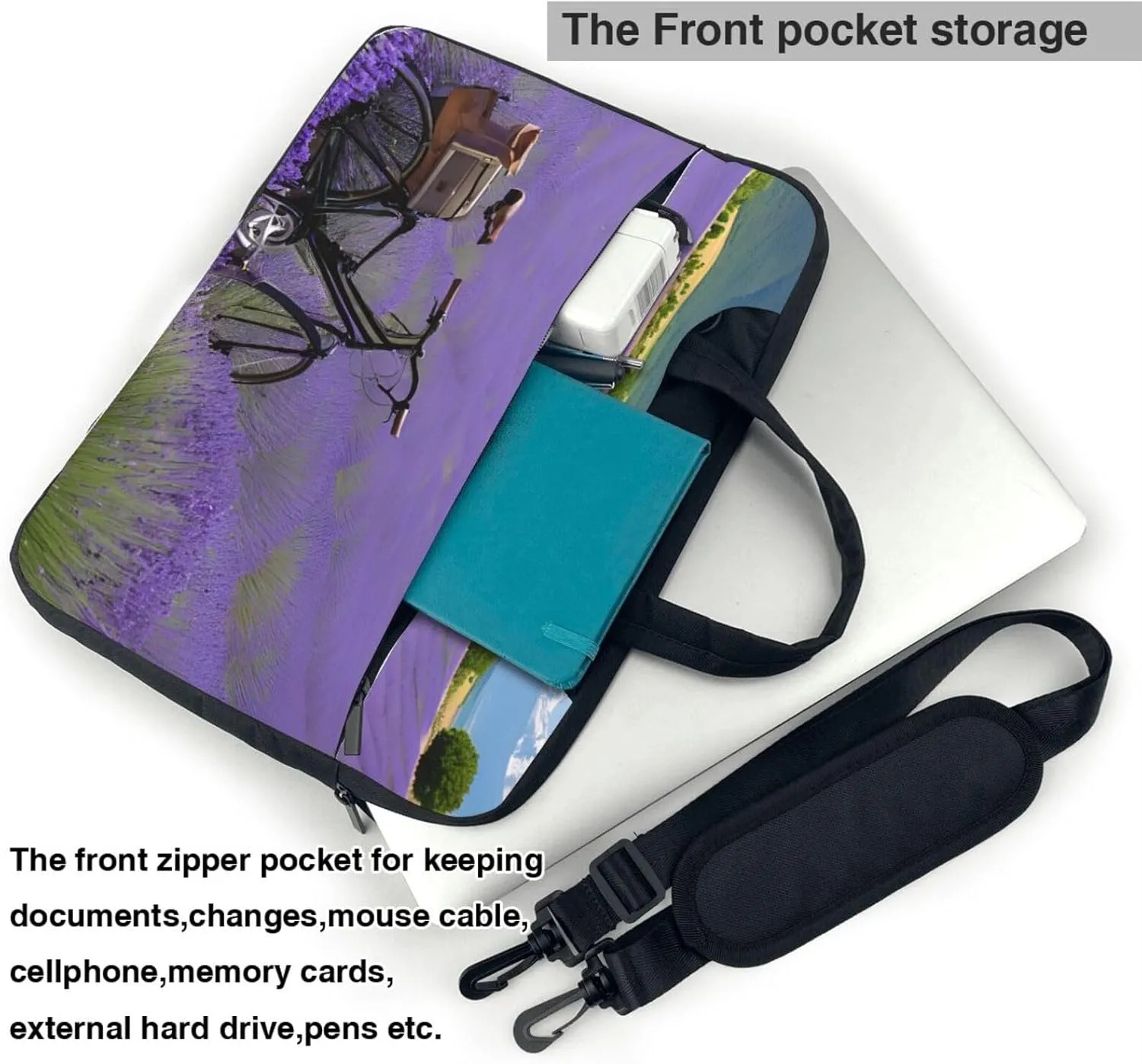 Slim Laptop Case with Strap Laptop Tote Bag Computer Messenger Bag Travel Essentials - Lavender Field Retro Bike Agriculture