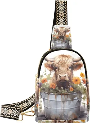 Sling Bag for Women Cute Highland Cow Flower Bucket Crossbody Bag Small Chest Bag Shoulder Bag Cell Phone Purse for Casual Travel Hiking Running Sports