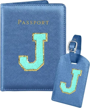 Slohif Passport Holder Initial Lugguage Tag Set Suitcase Cover Wallet Case for Travel Women - Leather Letter Passport Book Personalized Organizer Card Protector Sleeve Essentials Slim Carrier Blue J