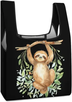 Sloth Watercolor Novelty Reusable Grocery Bag Fold-able Shopping Bags Washable Tote Lightweight Storage Pouch with Handle