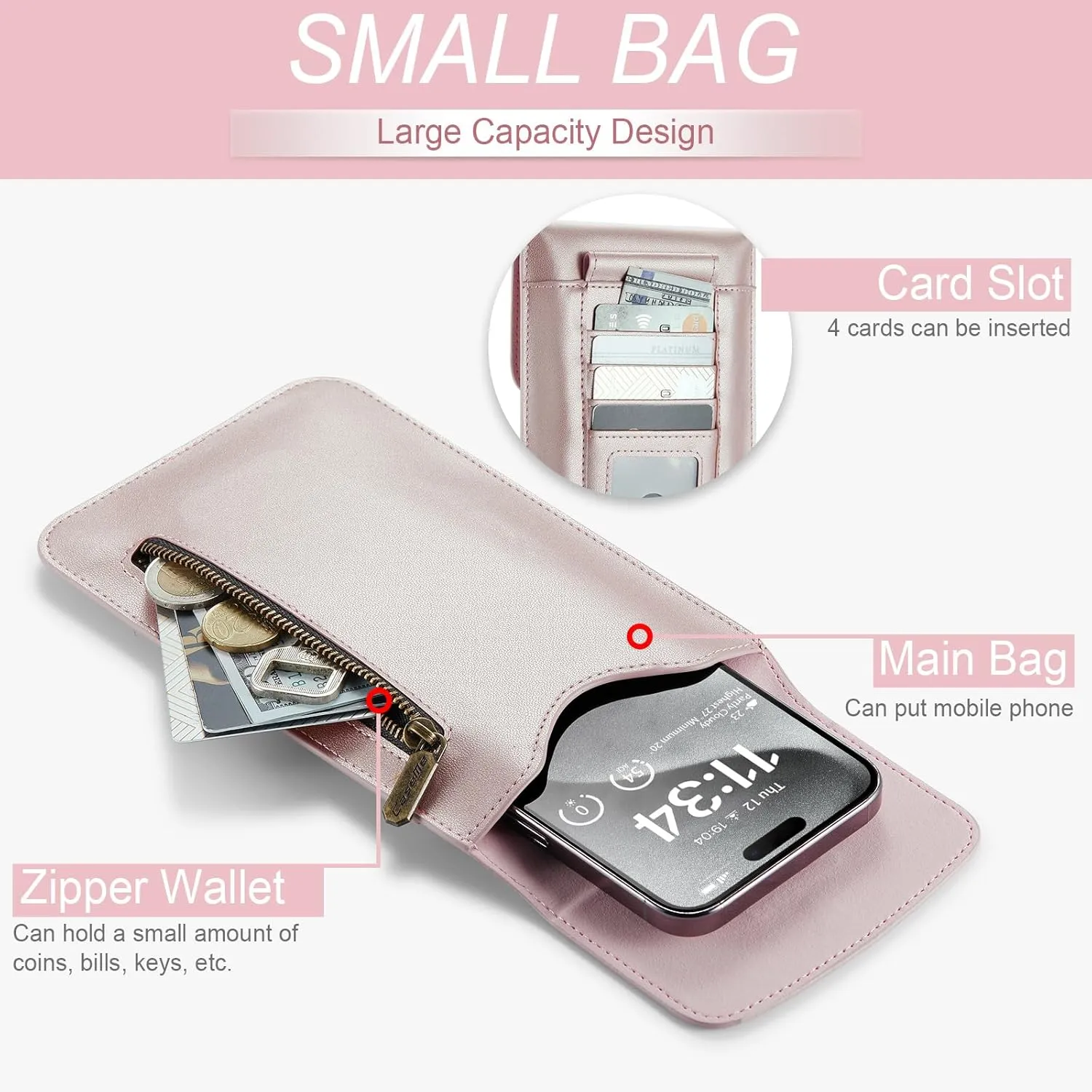Small Crossbody Bag Cell Phone Purse for Women Men Leather Mini Shoulder Bag Wallet Case with Card Holder Slot Lanyard for All Smartphone iPhone 15 14 Samsung Google Moto up to 7.5" Rose Gold