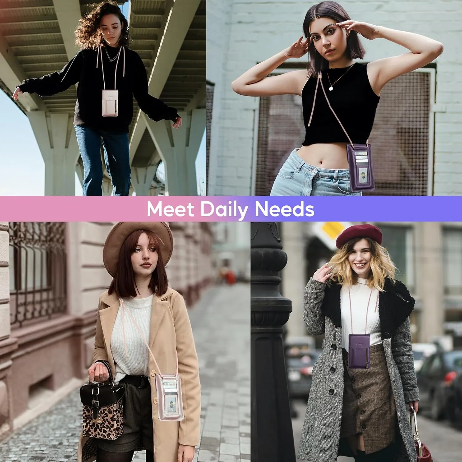 Small Crossbody Bag Cell Phone Purse for Women Men Leather Mini Shoulder Bag Wallet Case with Card Holder Slot Lanyard for All Smartphone iPhone 15 14 Samsung Google Moto up to 7.5" Rose Gold