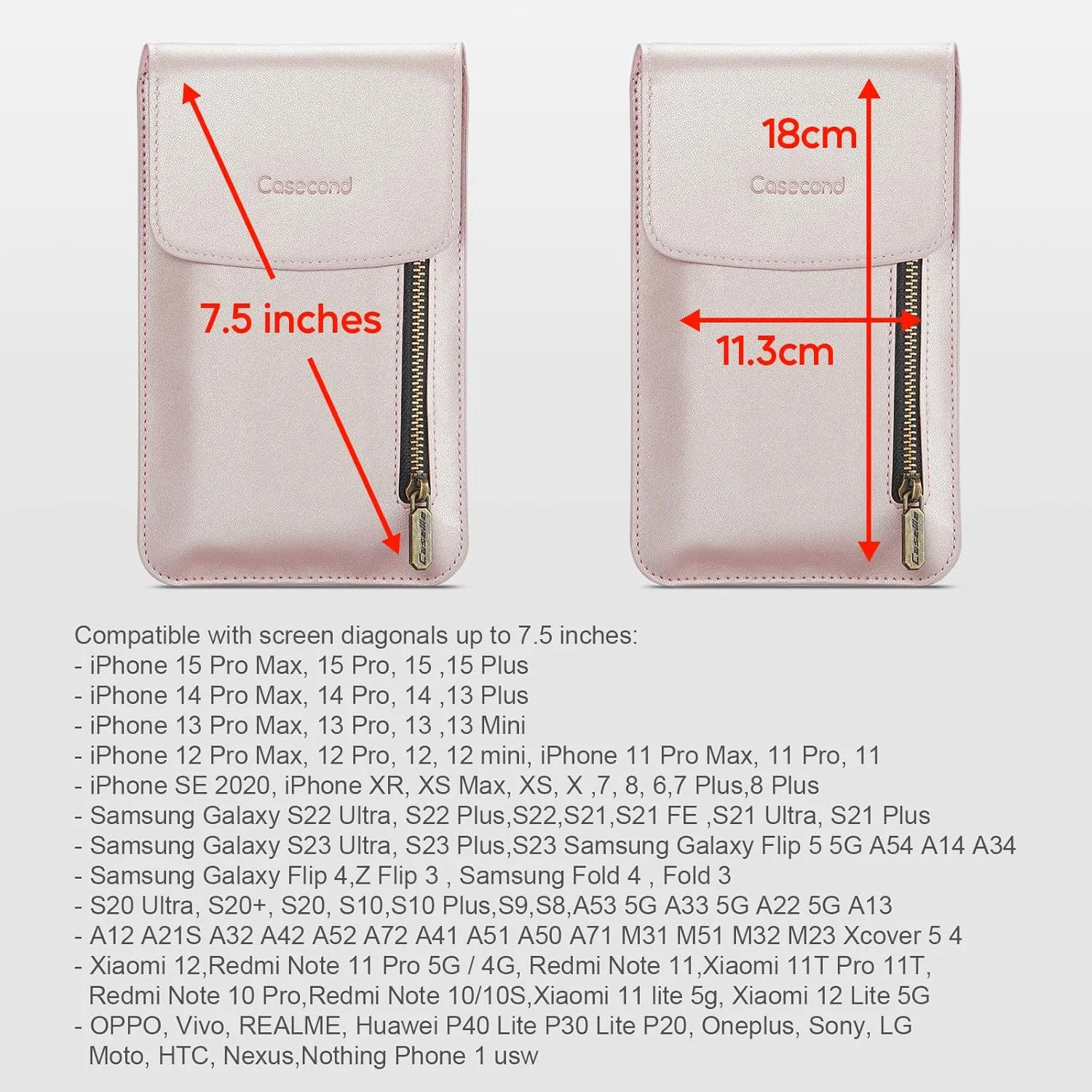 Small Crossbody Bag Cell Phone Purse for Women Men Leather Mini Shoulder Bag Wallet Case with Card Holder Slot Lanyard for All Smartphone iPhone 15 14 Samsung Google Moto up to 7.5" Rose Gold