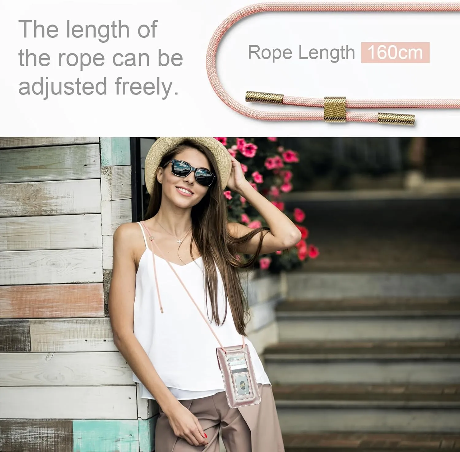 Small Crossbody Bag Cell Phone Purse for Women Men Leather Mini Shoulder Bag Wallet Case with Card Holder Slot Lanyard for All Smartphone iPhone 15 14 Samsung Google Moto up to 7.5" Rose Gold