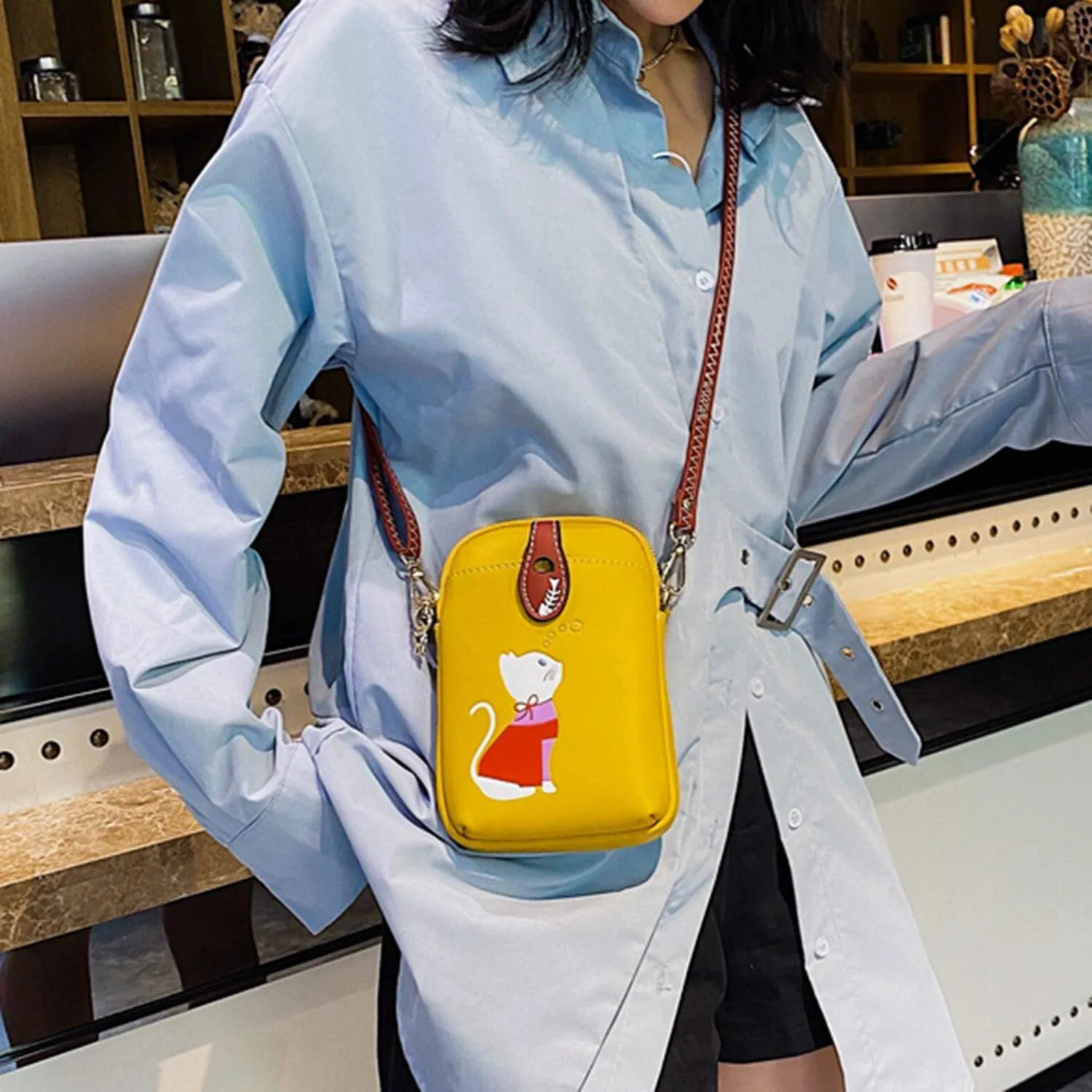 Small Crossbody Bag for Women Leather Lightweight Cute Cat Cell Phone Purse with Crossbody Strap