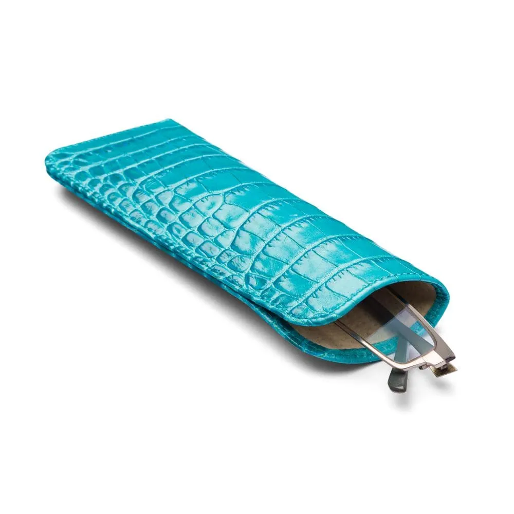 Small Leather Glasses Case - Turquoise Croc-Effect
