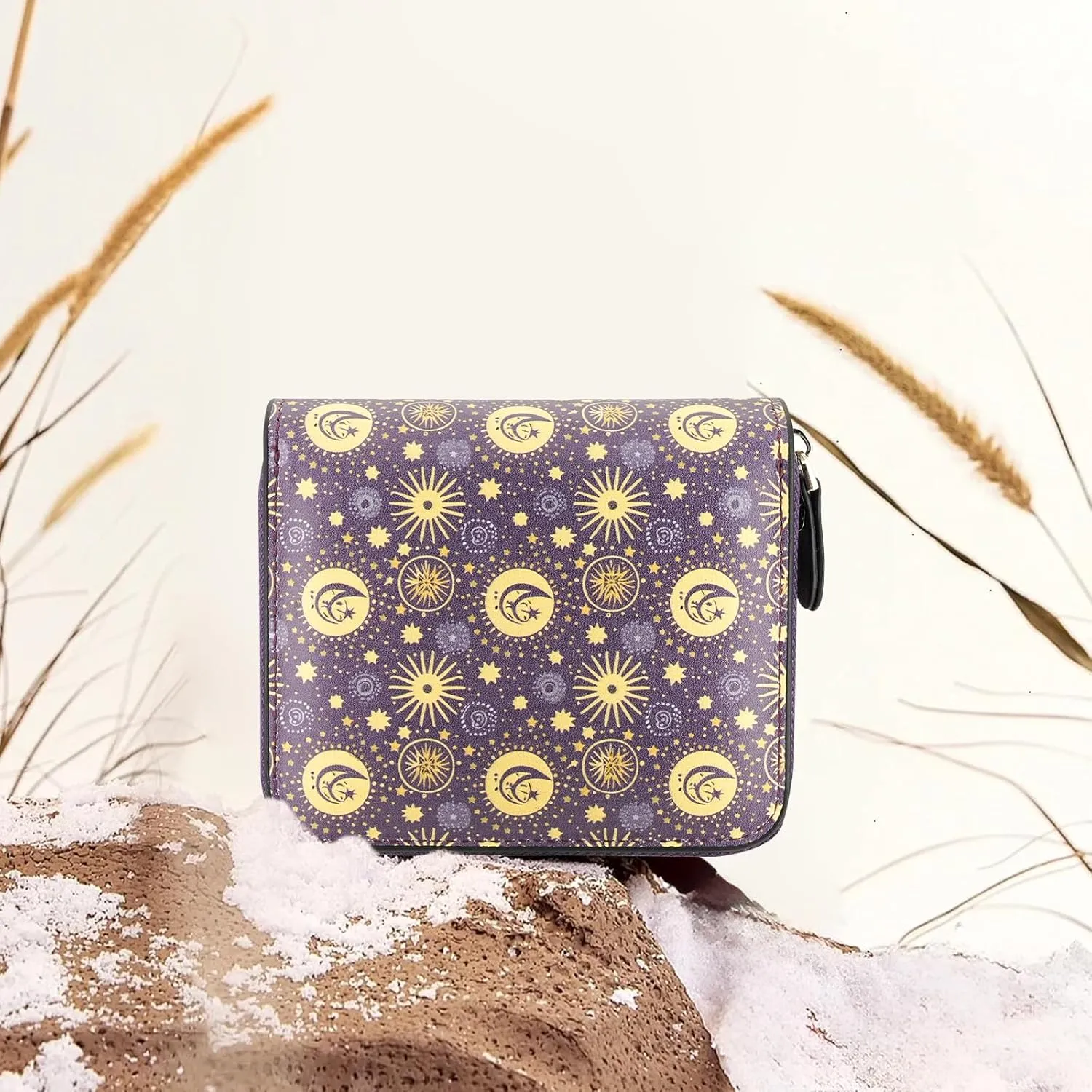 Small RFID Wallet for Women Purple Sun Star Leather Slim Thin Credit Card Wallet Bifold Compact Coin Pocket Purse for Female Ladies Teen Girls Girly