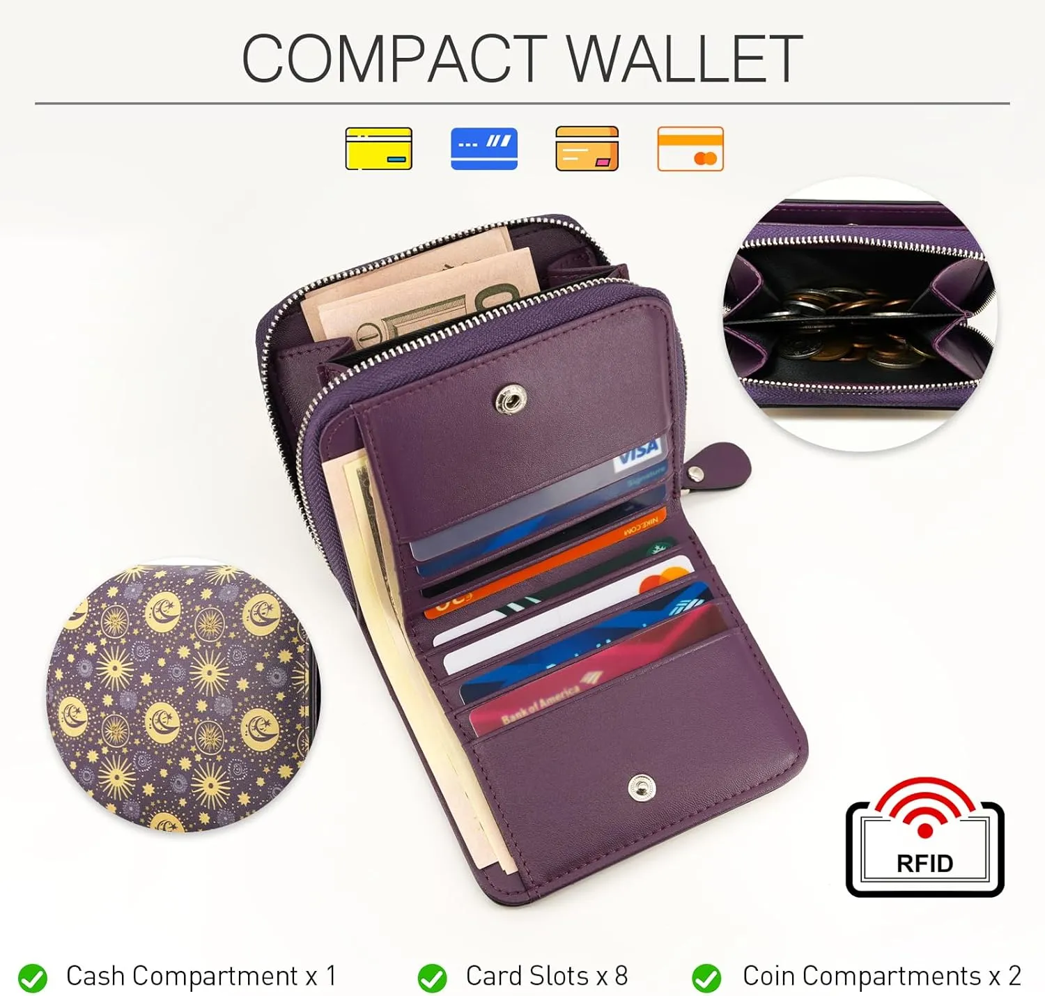 Small RFID Wallet for Women Purple Sun Star Leather Slim Thin Credit Card Wallet Bifold Compact Coin Pocket Purse for Female Ladies Teen Girls Girly