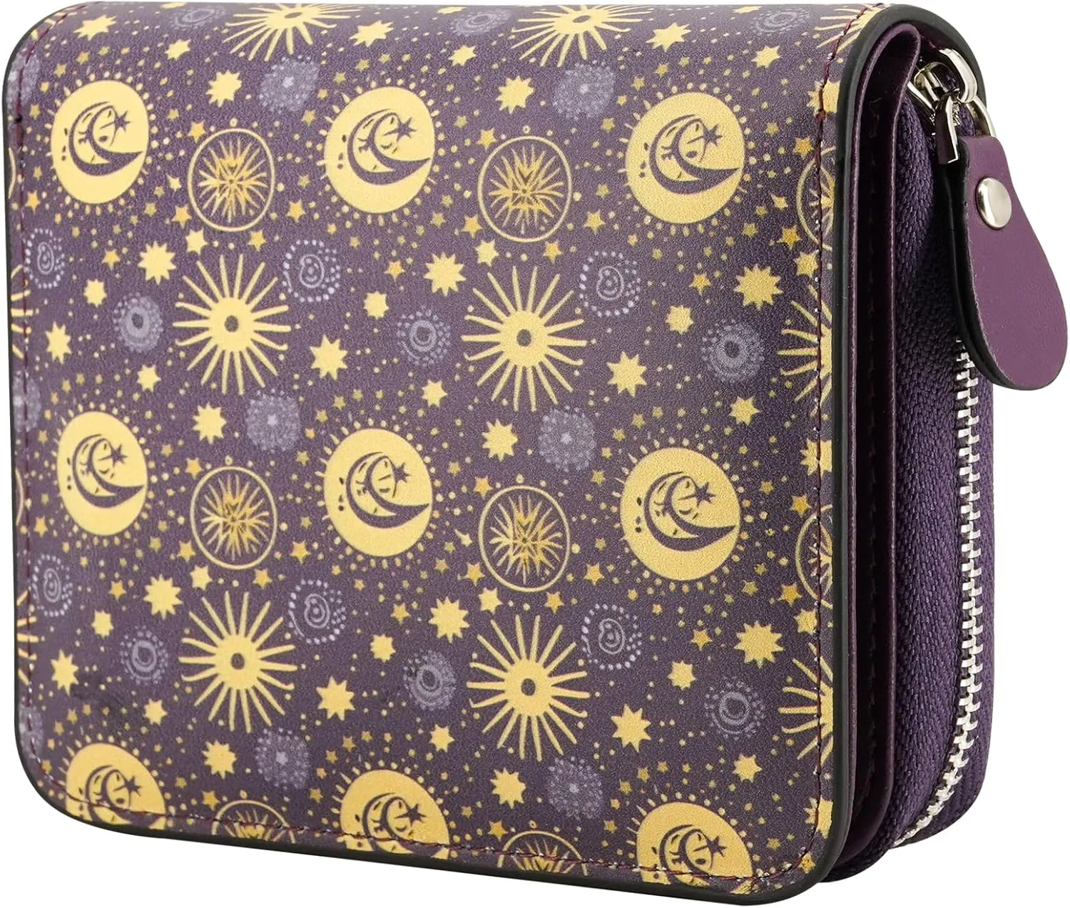 Small RFID Wallet for Women Purple Sun Star Leather Slim Thin Credit Card Wallet Bifold Compact Coin Pocket Purse for Female Ladies Teen Girls Girly