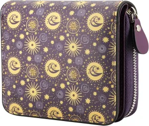 Small RFID Wallet for Women Purple Sun Star Leather Slim Thin Credit Card Wallet Bifold Compact Coin Pocket Purse for Female Ladies Teen Girls Girly