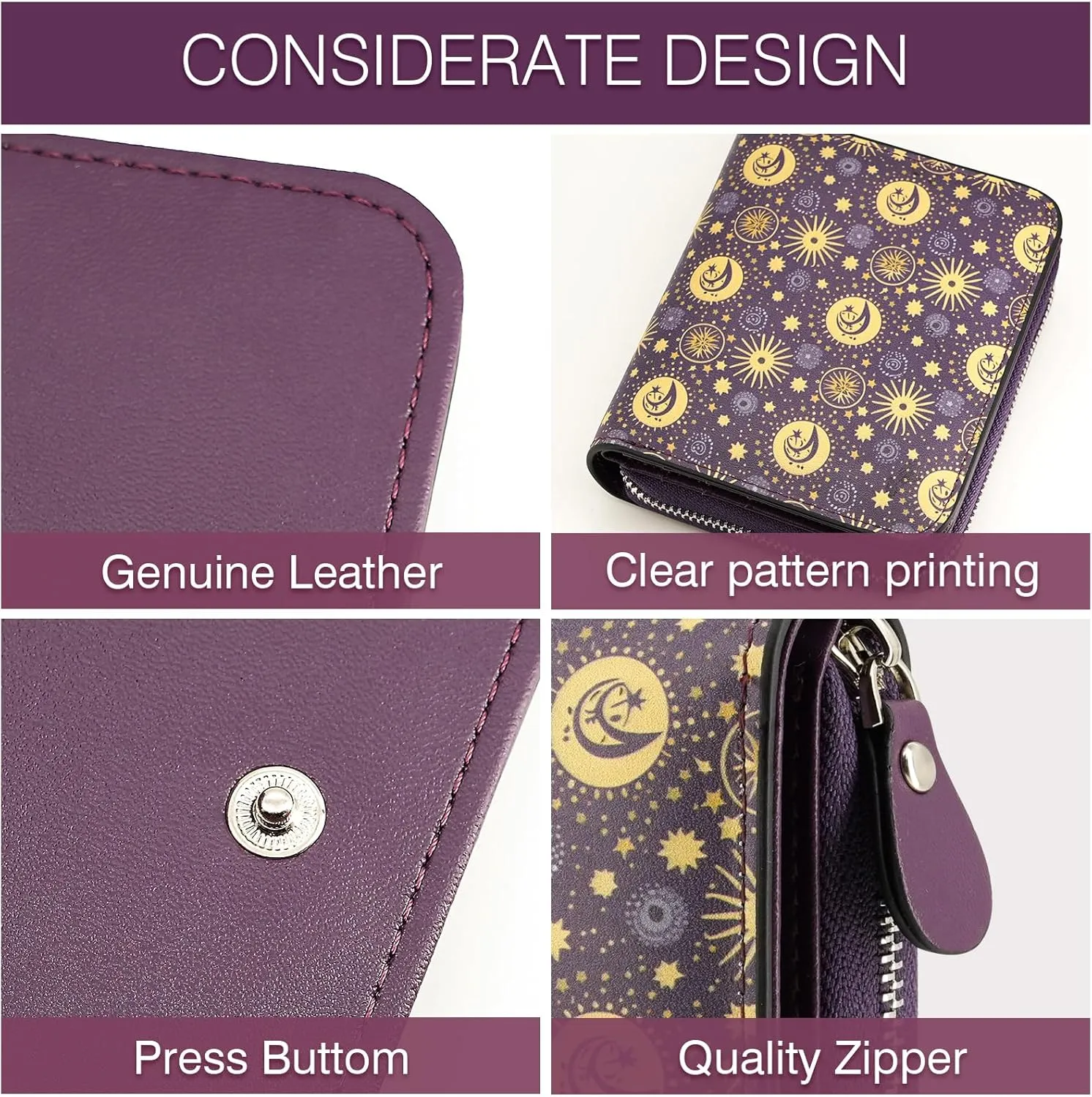 Small RFID Wallet for Women Purple Sun Star Leather Slim Thin Credit Card Wallet Bifold Compact Coin Pocket Purse for Female Ladies Teen Girls Girly
