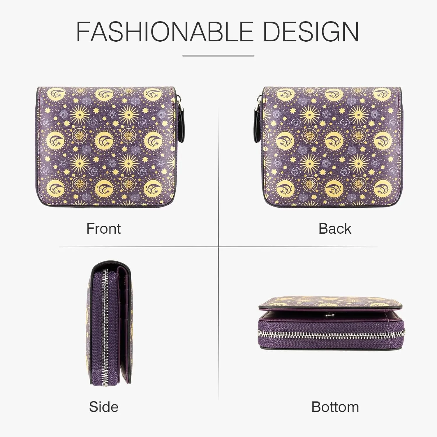 Small RFID Wallet for Women Purple Sun Star Leather Slim Thin Credit Card Wallet Bifold Compact Coin Pocket Purse for Female Ladies Teen Girls Girly