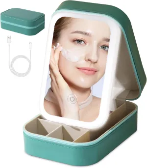Small Travel LED Makeup Mirror Case with 3 Adjustable Color Light Settings, Dust-Proof Jewelry Box, Mini Cosmetic Train Case Ideal for Short Trips (Green)