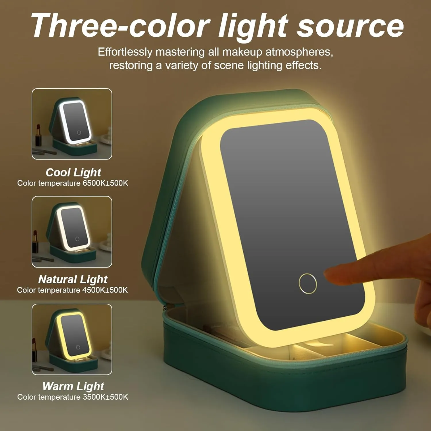 Small Travel LED Makeup Mirror Case with 3 Adjustable Color Light Settings, Dust-Proof Jewelry Box, Mini Cosmetic Train Case Ideal for Short Trips (Green)