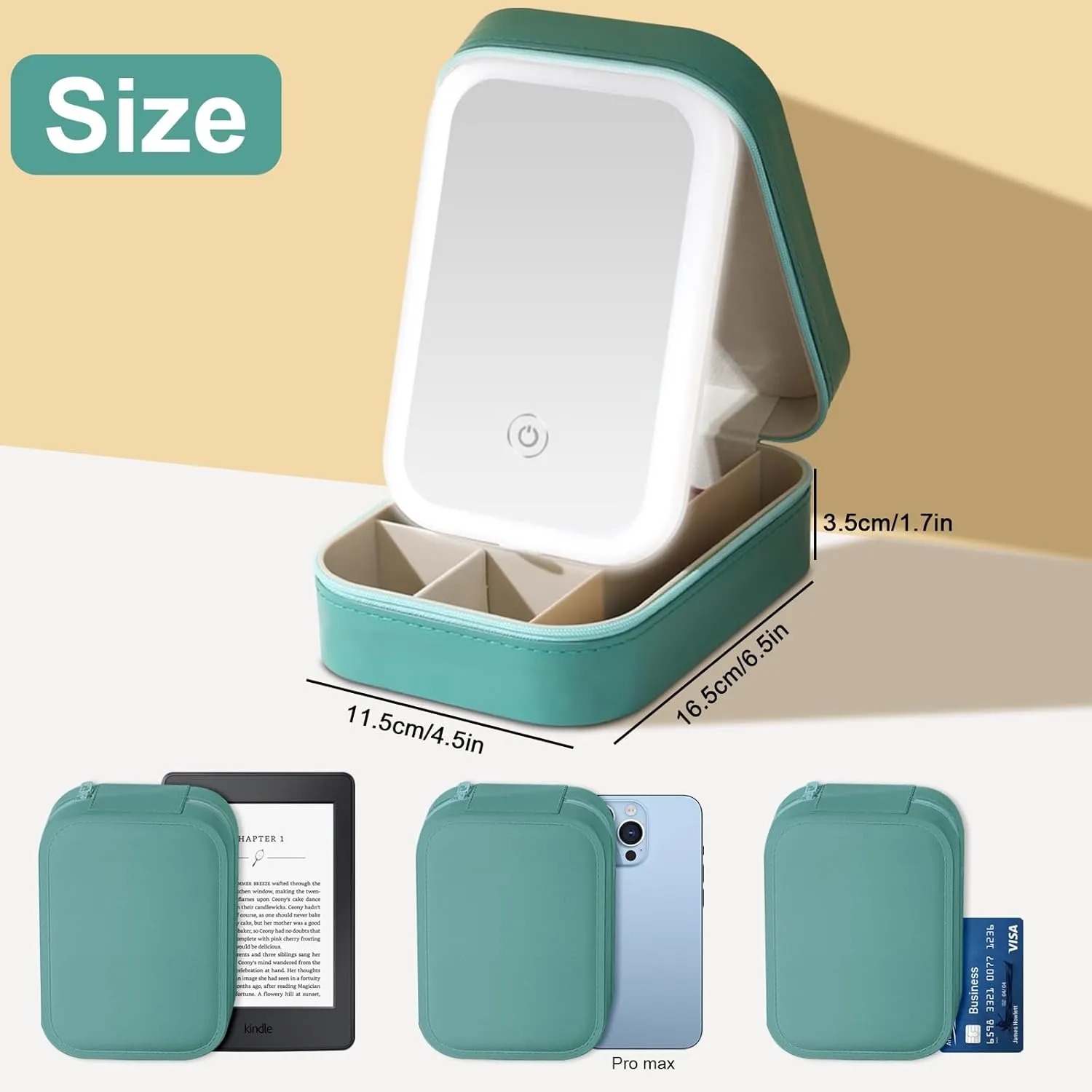 Small Travel LED Makeup Mirror Case with 3 Adjustable Color Light Settings, Dust-Proof Jewelry Box, Mini Cosmetic Train Case Ideal for Short Trips (Green)