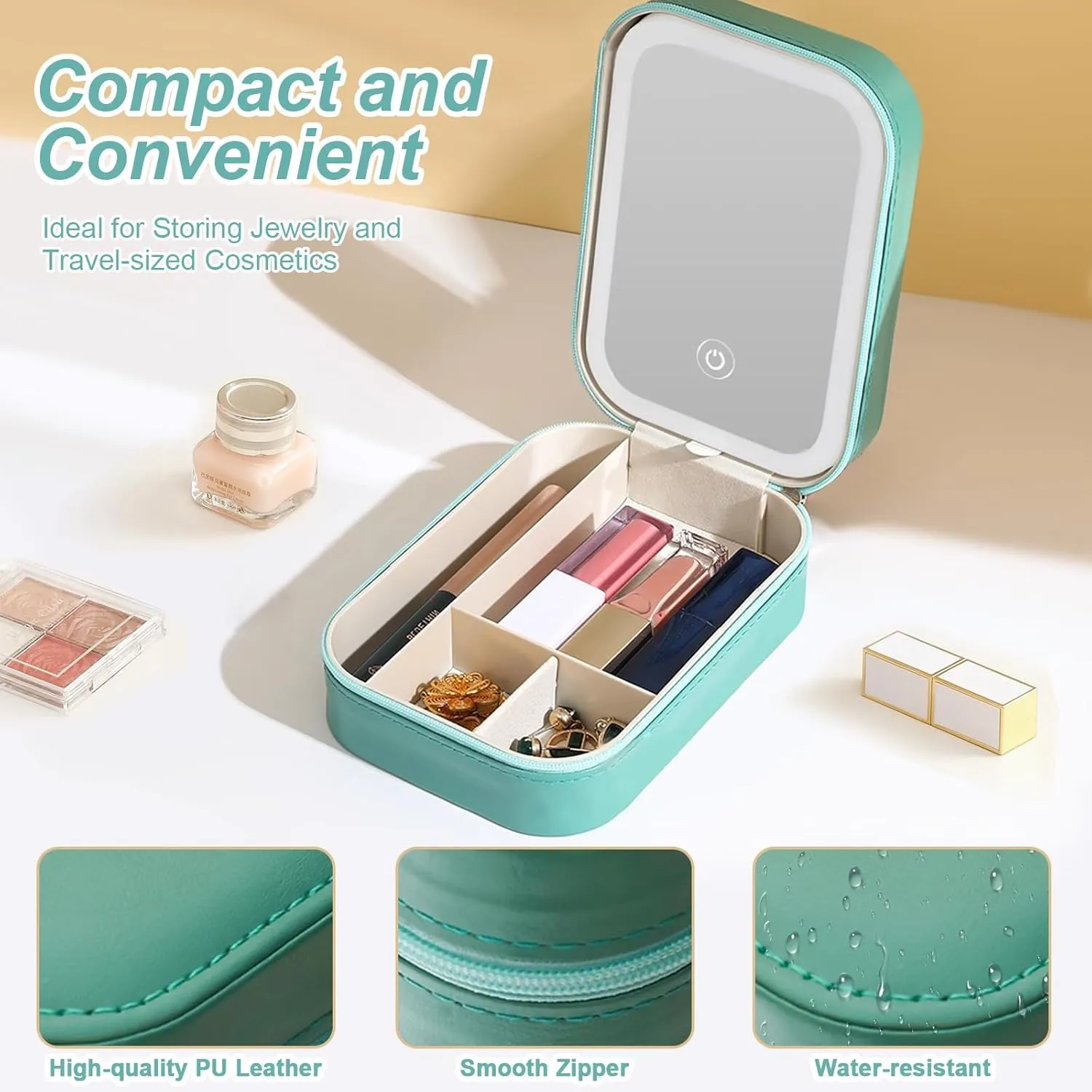 Small Travel LED Makeup Mirror Case with 3 Adjustable Color Light Settings, Dust-Proof Jewelry Box, Mini Cosmetic Train Case Ideal for Short Trips (Green)