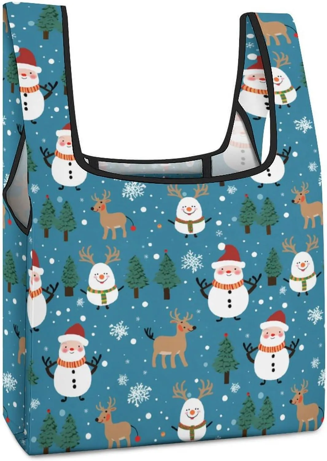 Snowman Santa Christmas Pattern Novelty Reusable Grocery Bag Fold-able Shopping Bags Washable Tote Lightweight Storage Pouch with Handle