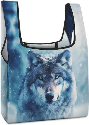 Snowy Day Wolf Novelty Reusable Grocery Bag Fold-able Shopping Bags Washable Tote Lightweight Storage Pouch with Handle