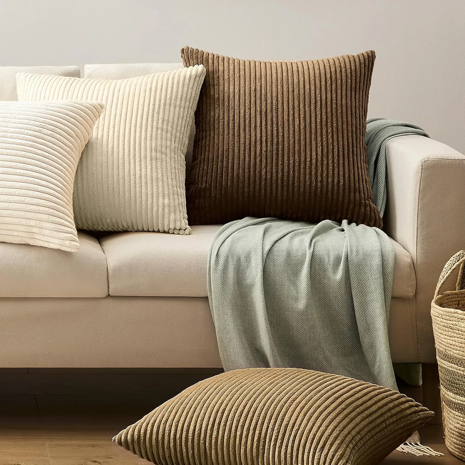 Softalker Decorative Throw Pillow Covers 16 x 16, Set of 4, Soft Corduroy Solid Striped Pillow Cover, Modern Decor Cushion Pillow Cases for Couch Sofa Bedroom Living Room, Caramel