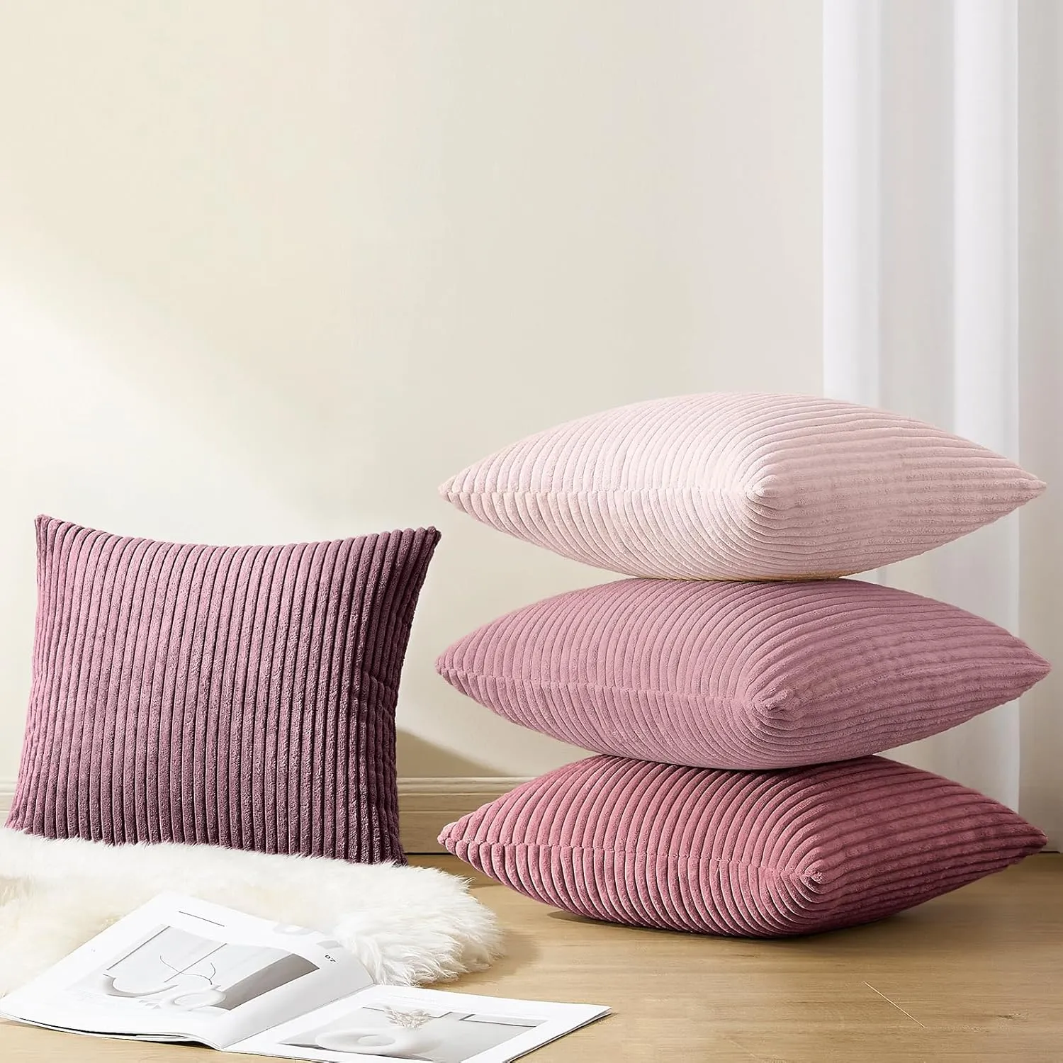 Softalker Decorative Throw Pillow Covers 18 x 18, Set of 4, Soft Corduroy Solid Striped Pillow Cover, Modern Decor Cushion Pillow Cases for Couch Sofa Bedroom Living Room, Gradient Pink