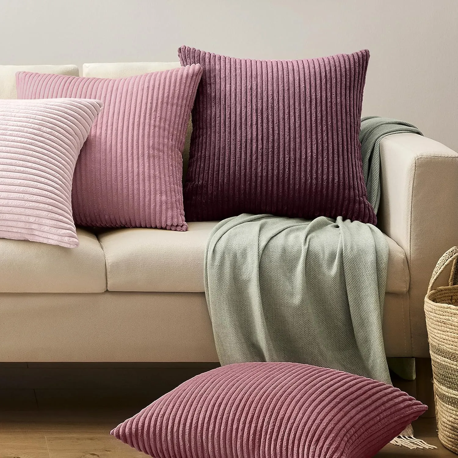 Softalker Decorative Throw Pillow Covers 18 x 18, Set of 4, Soft Corduroy Solid Striped Pillow Cover, Modern Decor Cushion Pillow Cases for Couch Sofa Bedroom Living Room, Gradient Pink