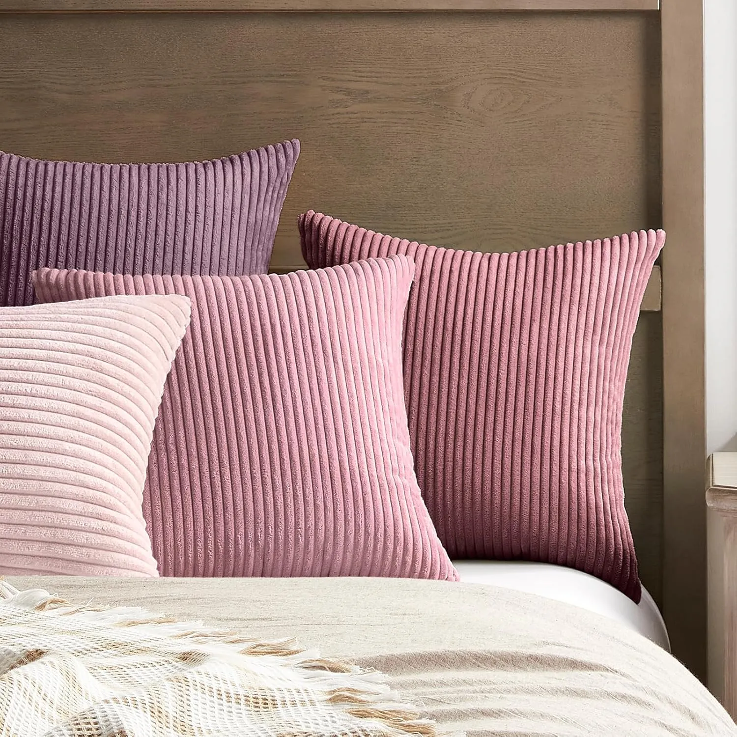 Softalker Decorative Throw Pillow Covers 18 x 18, Set of 4, Soft Corduroy Solid Striped Pillow Cover, Modern Decor Cushion Pillow Cases for Couch Sofa Bedroom Living Room, Gradient Pink