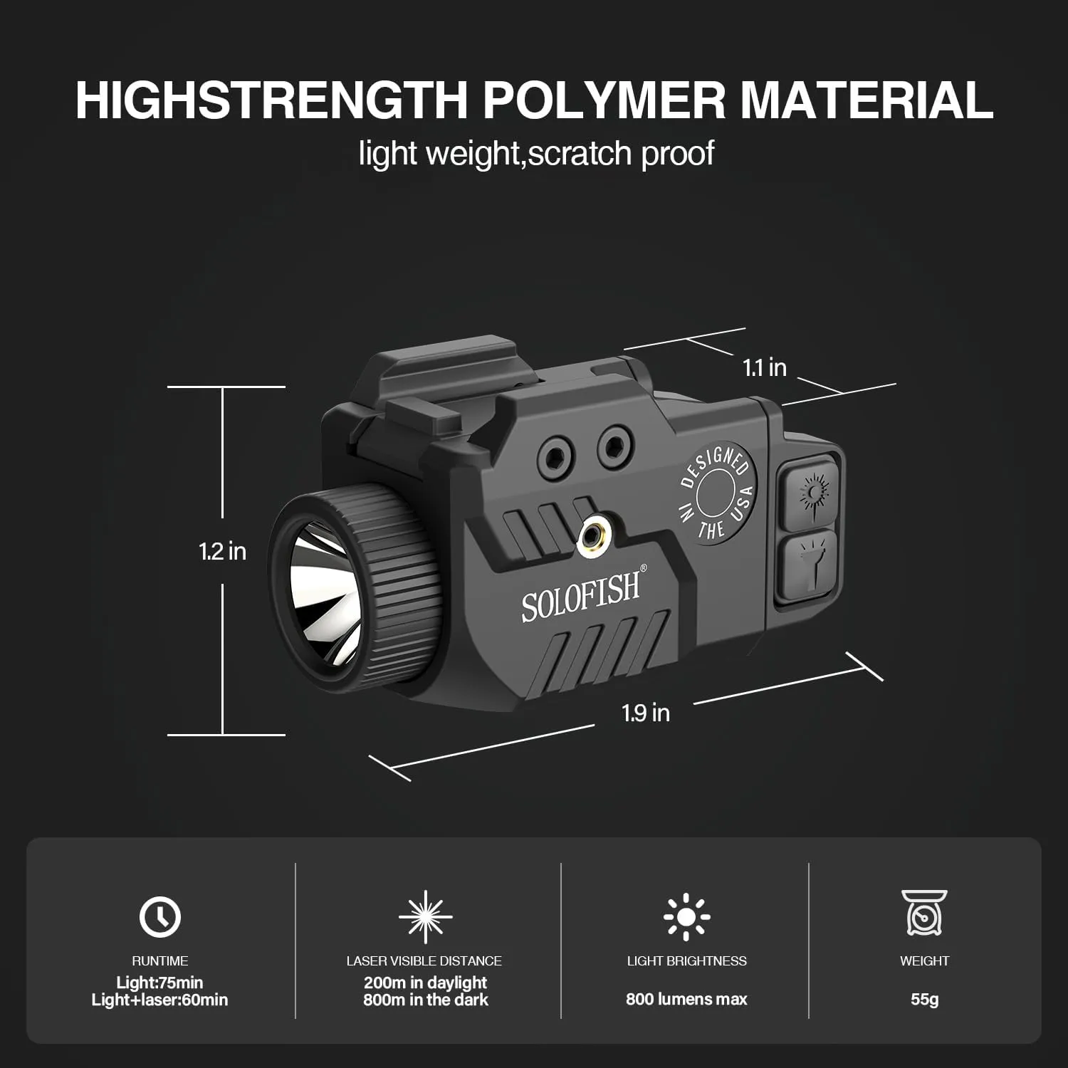 Solofish 800lm Adjustable Pistol Light Laser Combo Fits for Full & Compact Rail, Shockproof Red Laser Sight and Gun Light with Strobe Function, Rechargeable (Laser Output is <5mW, Class IIIA)