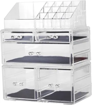 Sooyee Makeup Organizer,Acrylic Cosmetic Organizer Storage Drawers Jewelry and Cosmetic Display Cases Box(5 Drawers 7 Tiers) 3 Pieces Stackable,Clear