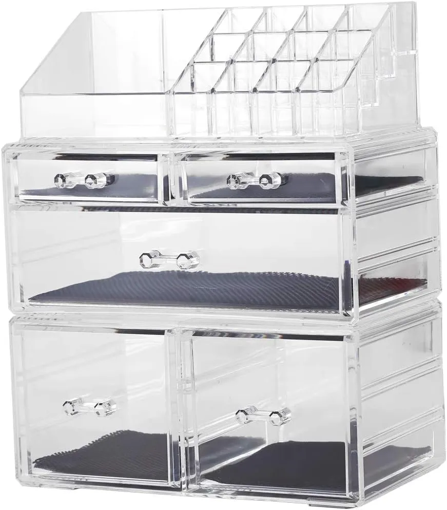Sooyee Makeup Organizer,Acrylic Cosmetic Organizer Storage Drawers Jewelry and Cosmetic Display Cases Box(5 Drawers 7 Tiers) 3 Pieces Stackable,Clear