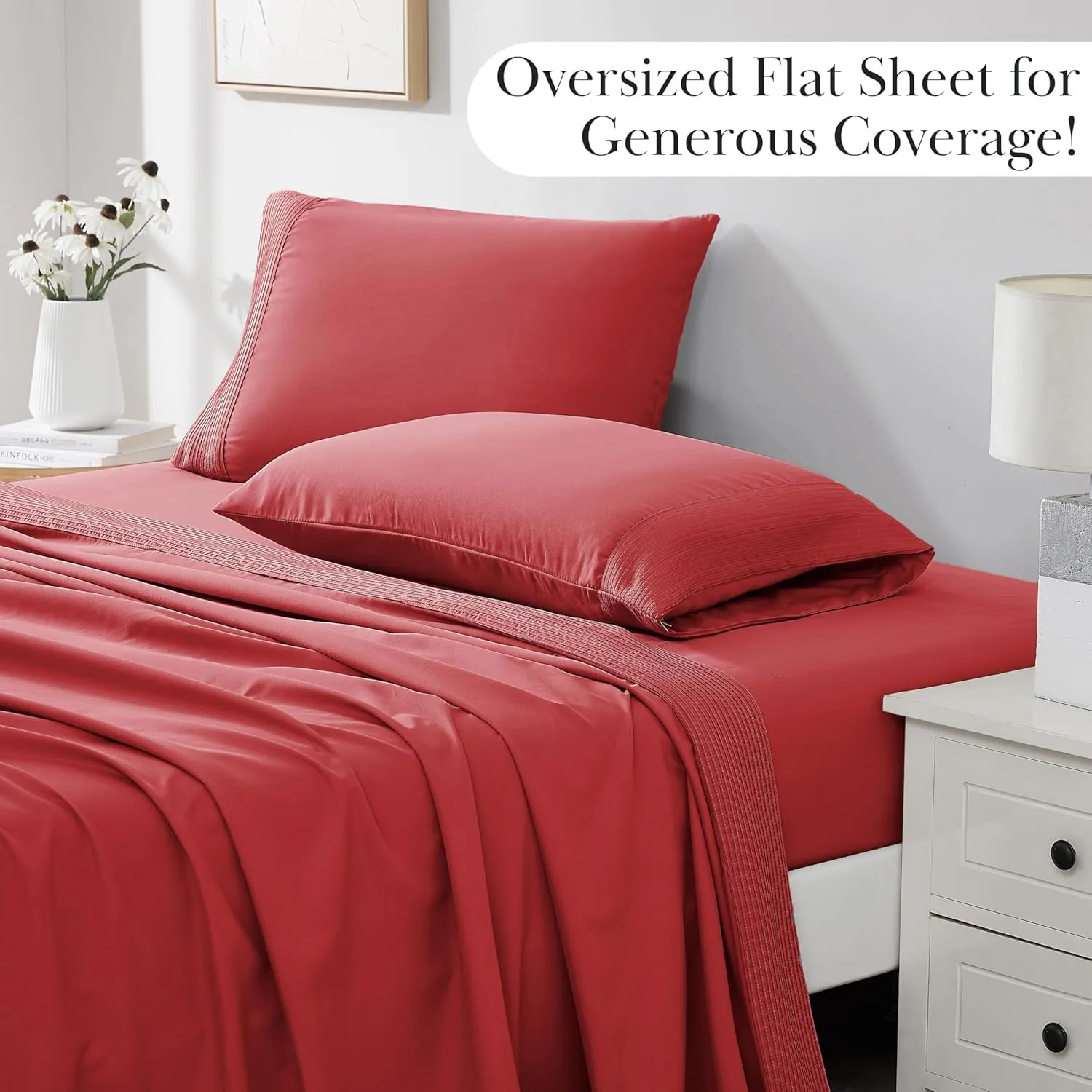 Southshore Fine Living, Inc. Vilano Pleats, 21-Inch California King Sheets Deep Pockets, 4-Piece Cal King Sheet Set, Flat and Fitted Sheet, Red Pillow Cases Set of 2, Red Sheets, Chili Pepper