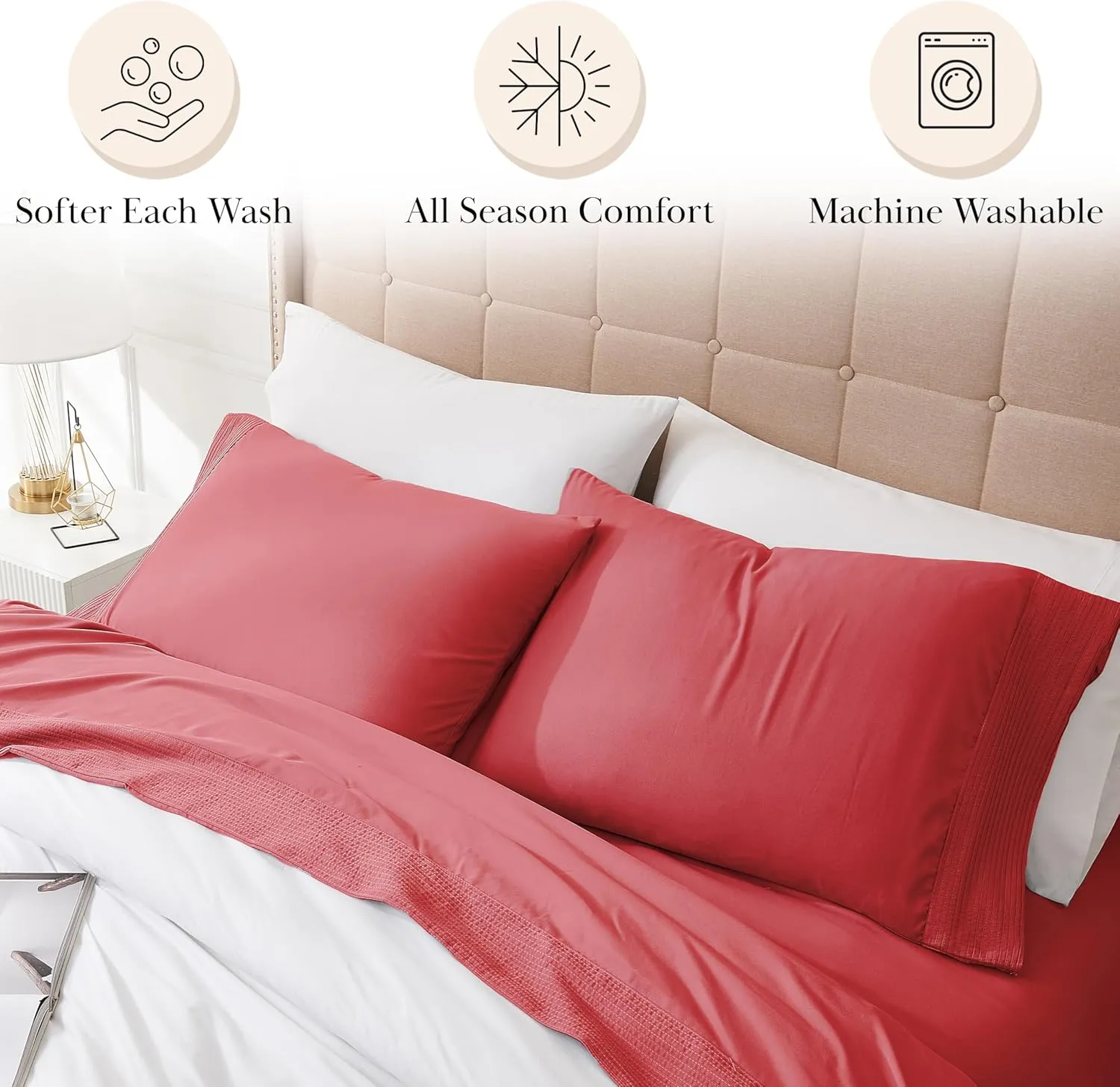 Southshore Fine Living, Inc. Vilano Pleats, 21-Inch California King Sheets Deep Pockets, 4-Piece Cal King Sheet Set, Flat and Fitted Sheet, Red Pillow Cases Set of 2, Red Sheets, Chili Pepper