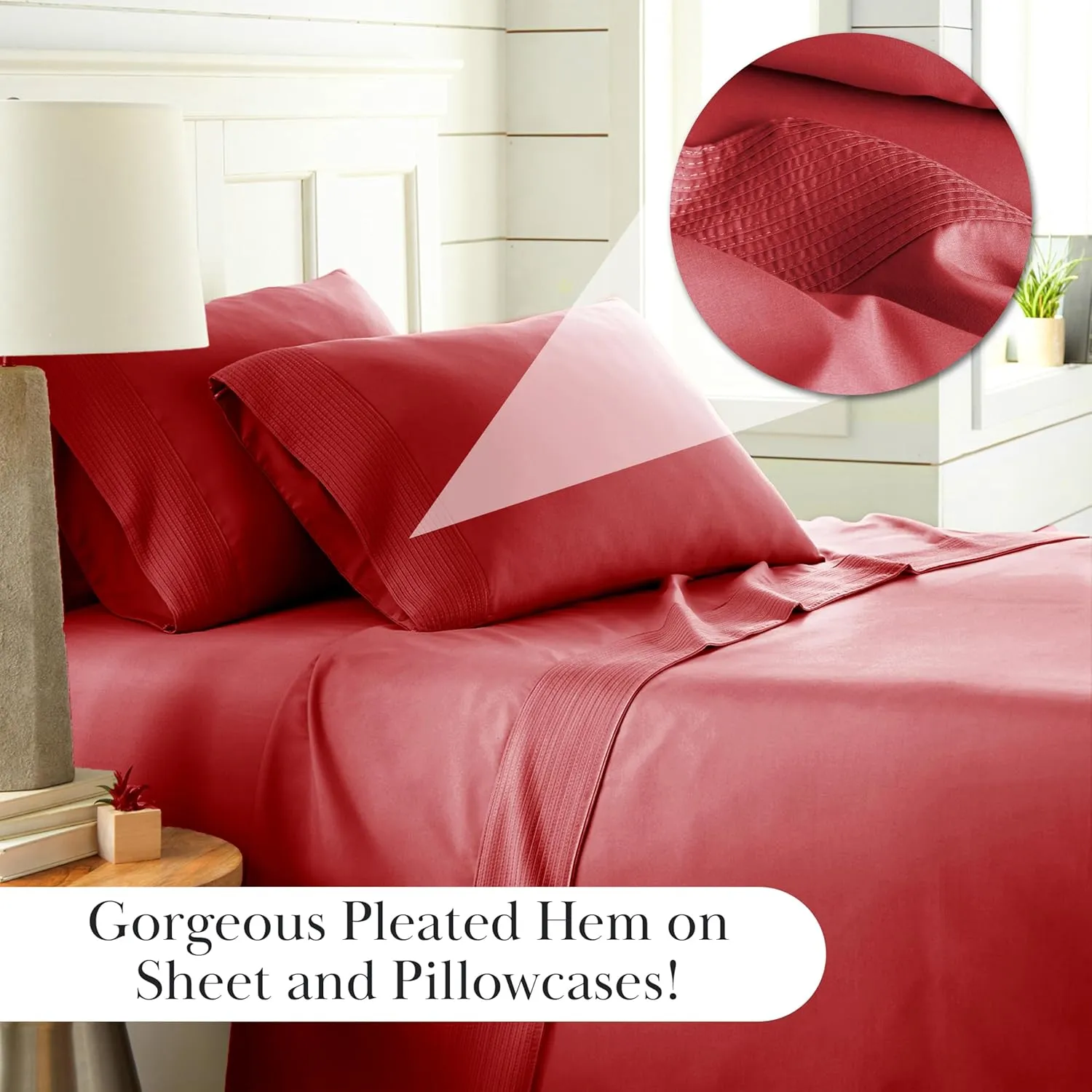 Southshore Fine Living, Inc. Vilano Pleats, 21-Inch California King Sheets Deep Pockets, 4-Piece Cal King Sheet Set, Flat and Fitted Sheet, Red Pillow Cases Set of 2, Red Sheets, Chili Pepper