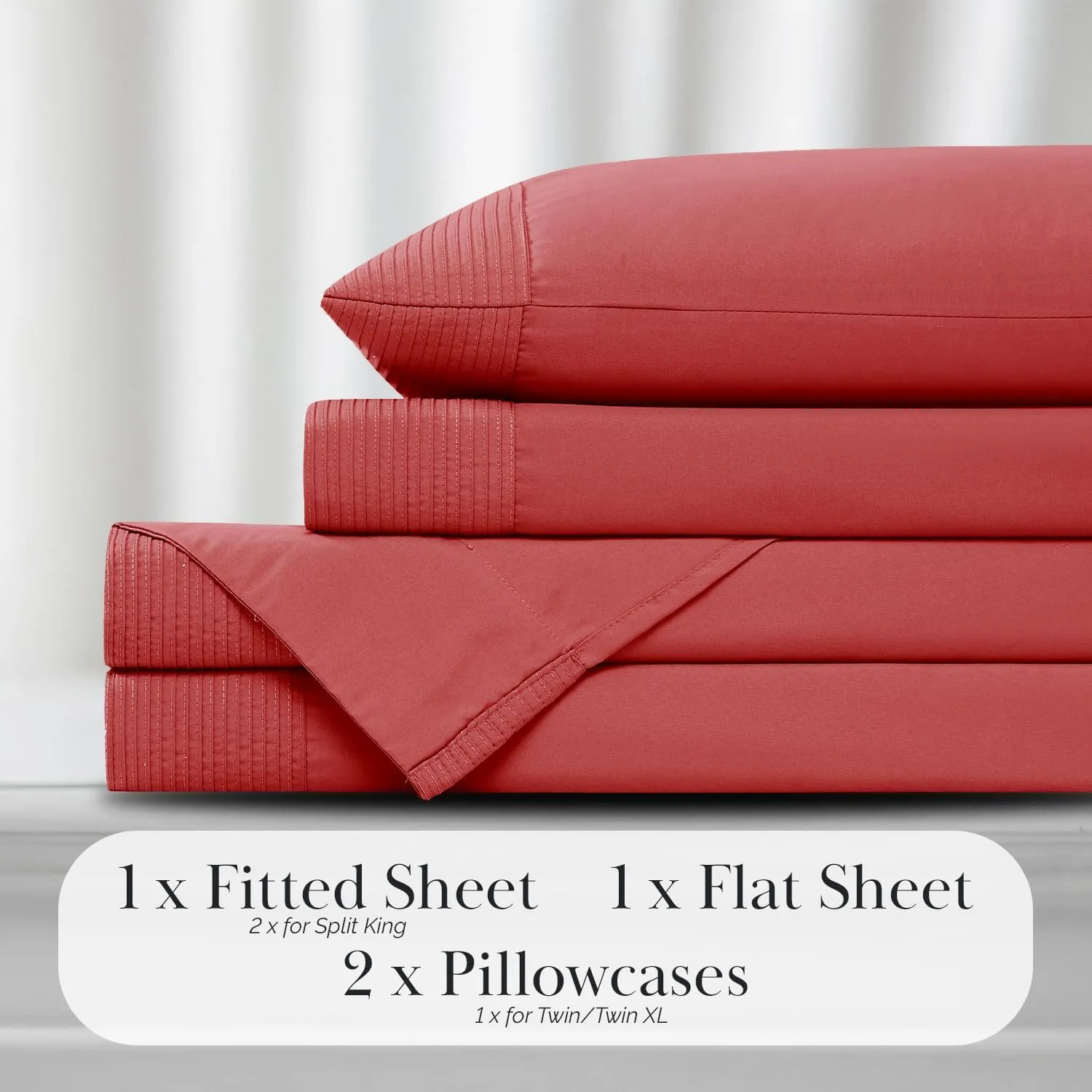 Southshore Fine Living, Inc. Vilano Pleats, 21-Inch California King Sheets Deep Pockets, 4-Piece Cal King Sheet Set, Flat and Fitted Sheet, Red Pillow Cases Set of 2, Red Sheets, Chili Pepper