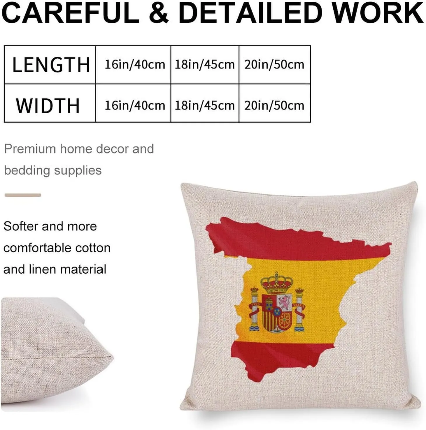 Spain Flag Map Cotton and Linen Pillow Case Pattern Print Pillow Cover Zippered Cushion Covers for Sofa Bed 16"x16"